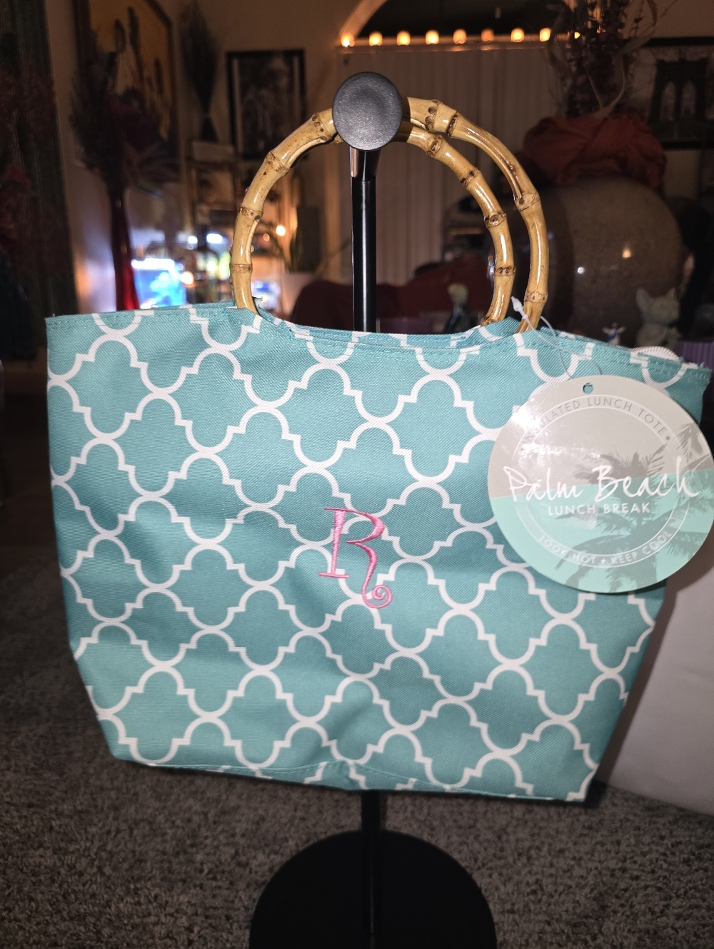 Palm Beach Lunch Break Aqua Patterned Tote with Bamboo Handles And Letter R NWT